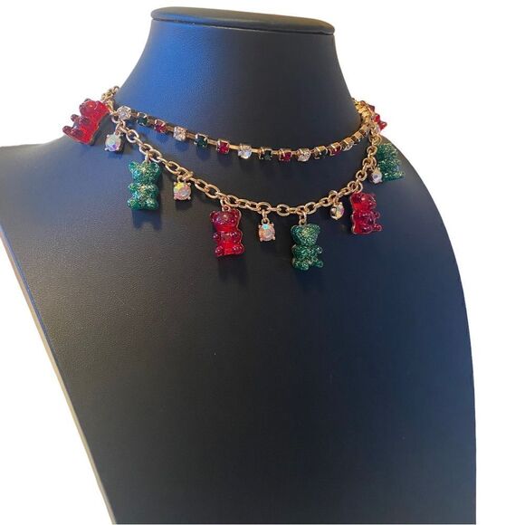 Betsey Johnson Sparkly Green & Red Mini Gummy Bear Charm Necklace. - Picture 2 of 6
